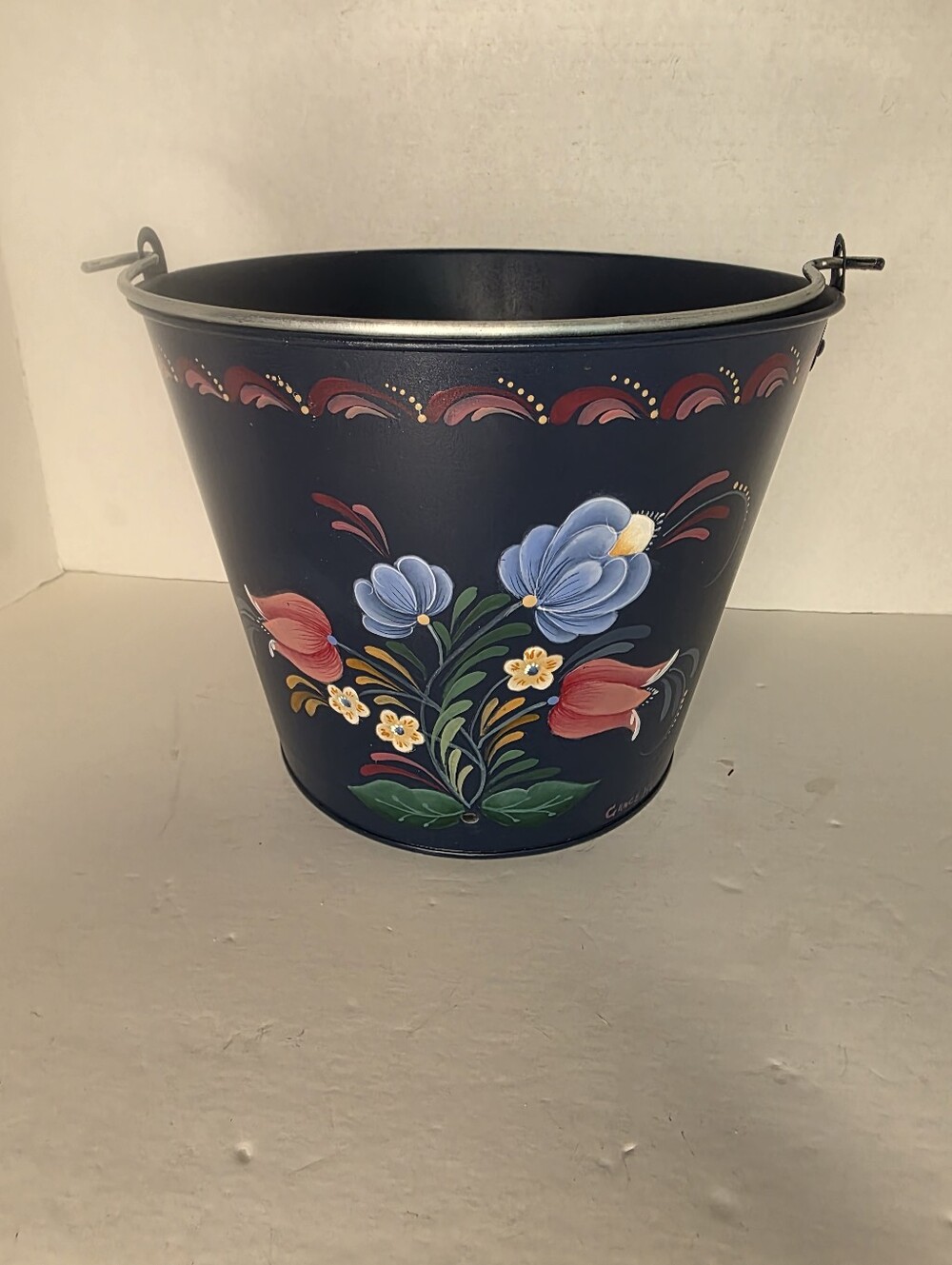 Hand-Painted Floral Metal Bucket in Navy Blue